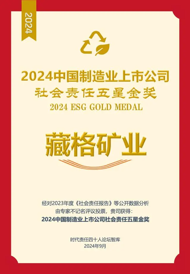 伟德国际1949官网矿业荣获2024中国制作业上市公司社会责任五星金奖